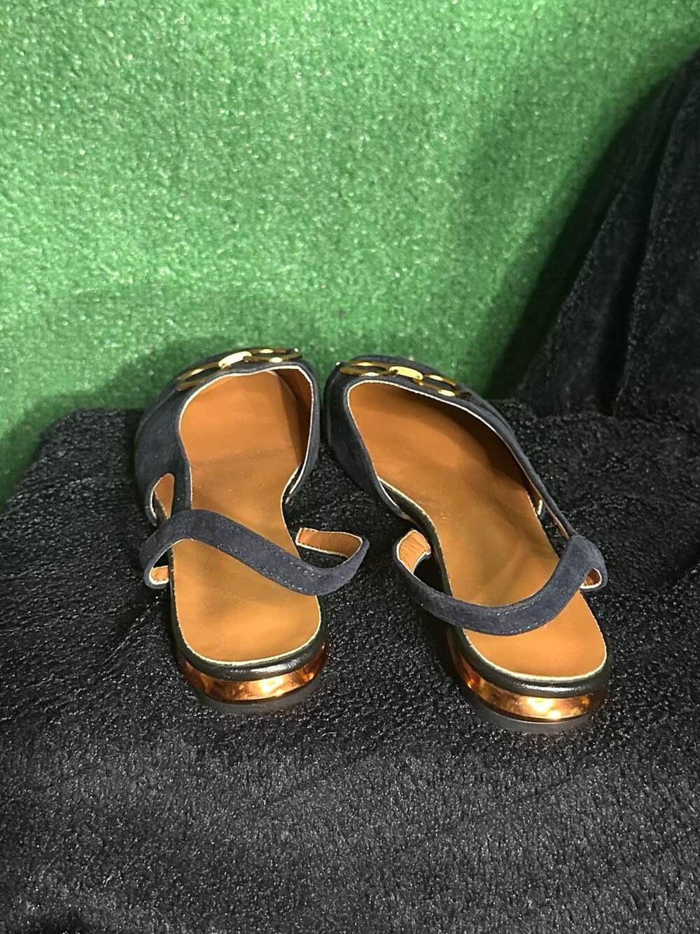 Navy Suede Slingback Flats with Gold-Link Accent - Picture 2 of 4